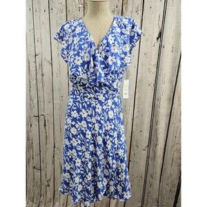 Draper James RSVP Women's Large Blue Flutter Sleeve Tie Waist Wrap Dress NWT NEW